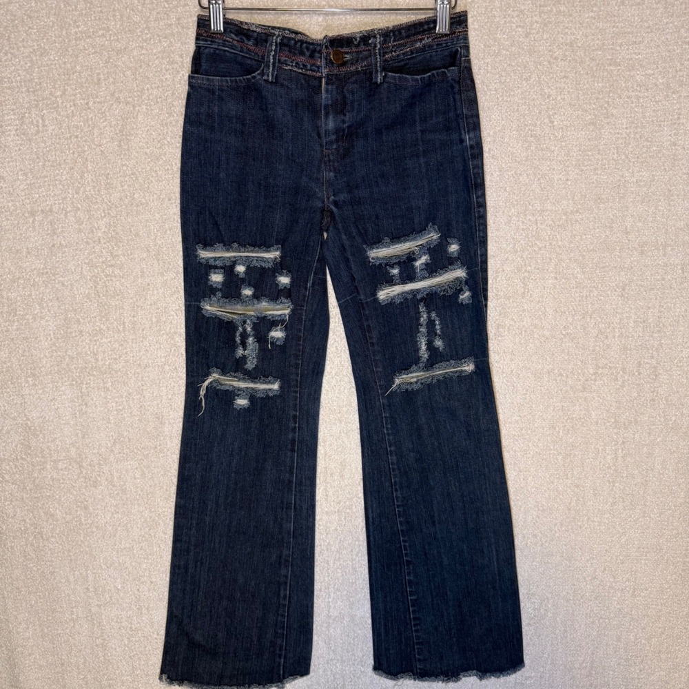 Vintage Y2K Distressed Jeans Women 26 Bootcut Flare Ripped Dark Wash Raw Hem